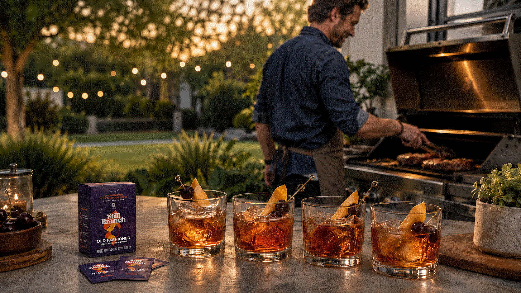 An Old Fashioned for hosting four guests, made with a Still Branch packet and the host's own bourbon