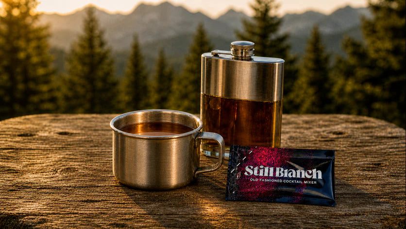 A camping Old Fashioned made with a Still Branch packet and bourbon in a metal cup at a campsite