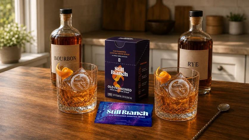 Bourbon vs rye compared in two Old Fashioneds built with Still Branch mixer packets over large clear ice cubes