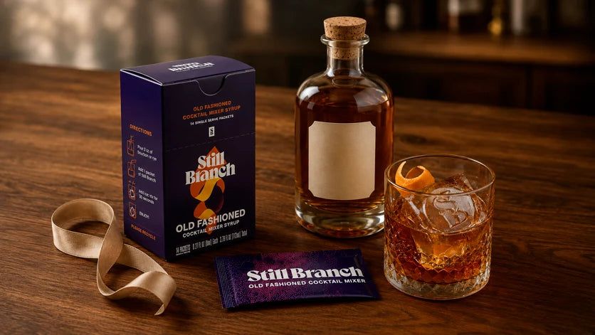 A gift for whiskey lovers: a Still Branch box and packet beside a bottle of bourbon and an Old Fashioned over a large clear ice cube