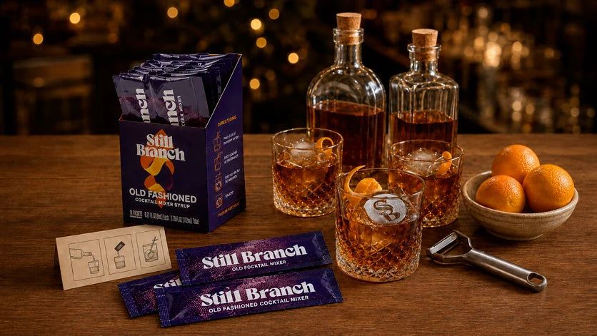 An Old Fashioned for a crowd set up as a self-serve Still Branch station, several drinks over large clear ice cubes with a box and packets