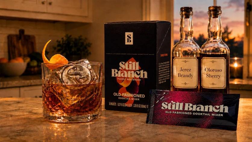 Still Branch Box and Packet with a bottle of sherry and brandy with a Camino Pilar Old Fashioned cocktail on a kitchen counter. 