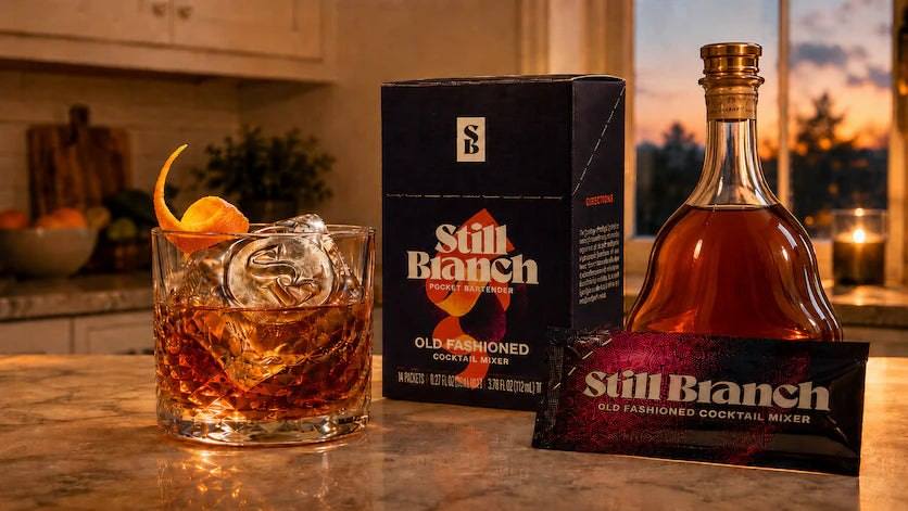 Still Branch box and packet with a bottle of cognac and The French Cognac Old Fashioned cocktail