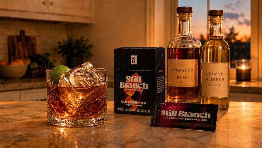 Still Branch box and packet with a tequila bottle and a mezcal bottle alongside a Bajan rum Old Fashioned cocktail on a kitchen counter 