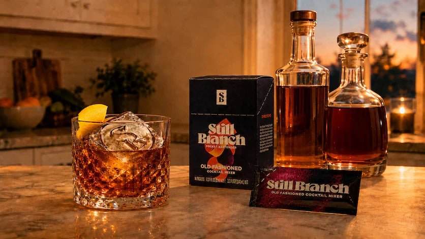 Still Branch, box, and packet with a bottle of cognac and a bottle of rye alongside a New York Old Fashioned cocktail on a kitchen counter. 