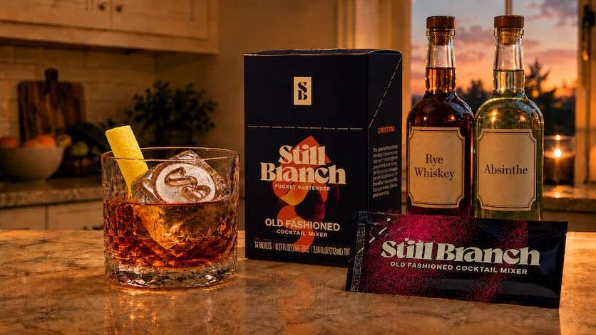 A box and packet of Still Branch with a bottle of absinthe and rye whiskey next to a Mardi Gras Old Fashioned cocktail on a kitchen counter.