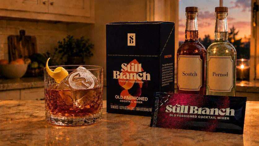 A box and packet of Still Branch with a bottle of scotch and Pernod next to a Choker Old Fashioned cocktail on a kitchen counter. 