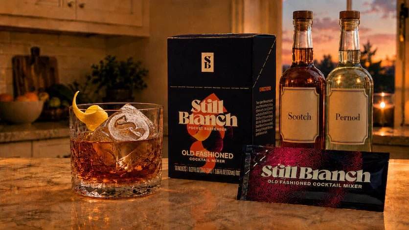 A box and packet of Still Branch with a bottle of scotch and Pernod next to a Choker Old Fashioned cocktail on a kitchen counter. 