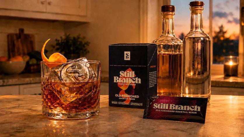 Still Branch box and packets with tequila and mezcal bottles with a Oaxaca Old Fashioned on a kitchen counter 