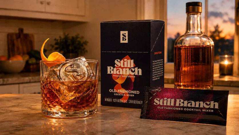 A box and packet of Still Branch Cocktail Mixer with a bottle of whiskey and a Whiskey Old Fashioned cocktail