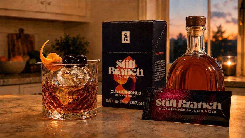 A box and a packet of Still Branch Cocktail Mixer with a bottle of brandy and a Brandy Old Fashioned Sweet cocktail