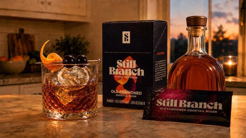 A box and a packet of Still Branch Cocktail Mixer with a bottle of brandy and a Brandy Old Fashioned Sweet cocktail