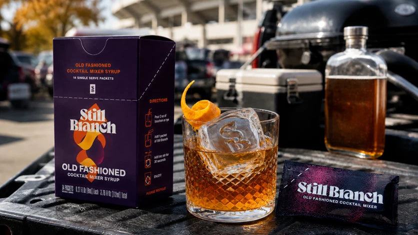 A tailgate Old Fashioned made with a Still Branch packet and bourbon over ice in a cup on a truck tailgate at a football game