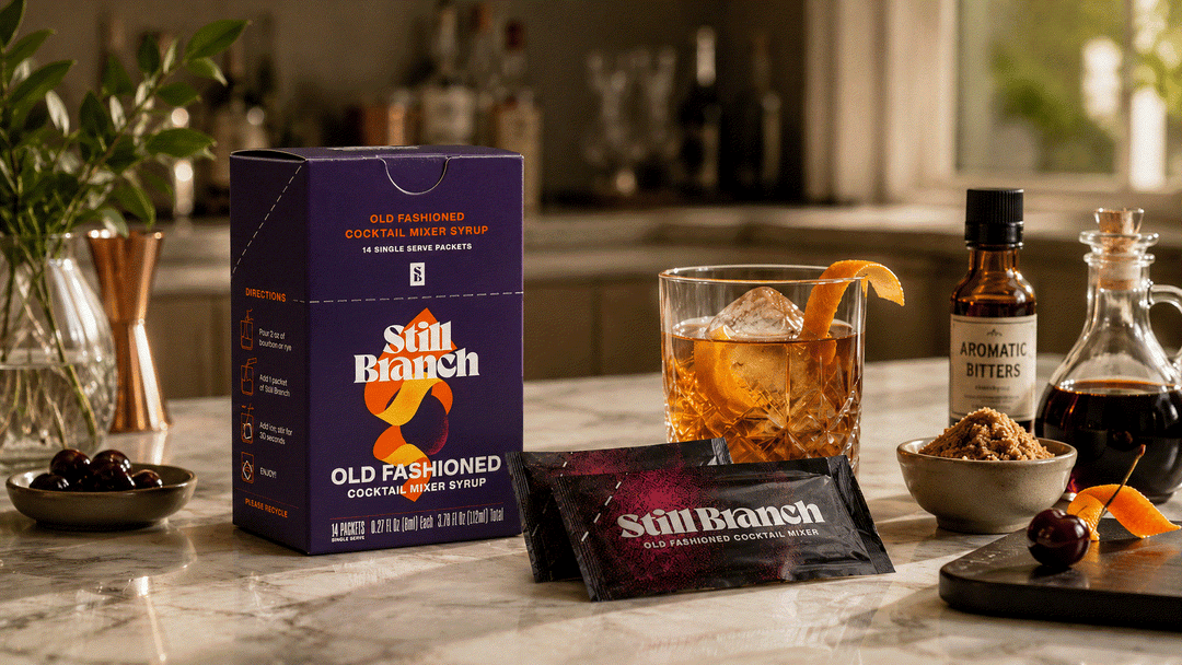The Old Fashioned ingredients inside a Still Branch packet: dark brown sugar, sorghum, maple, two bitters, and Italian Marasca cherry