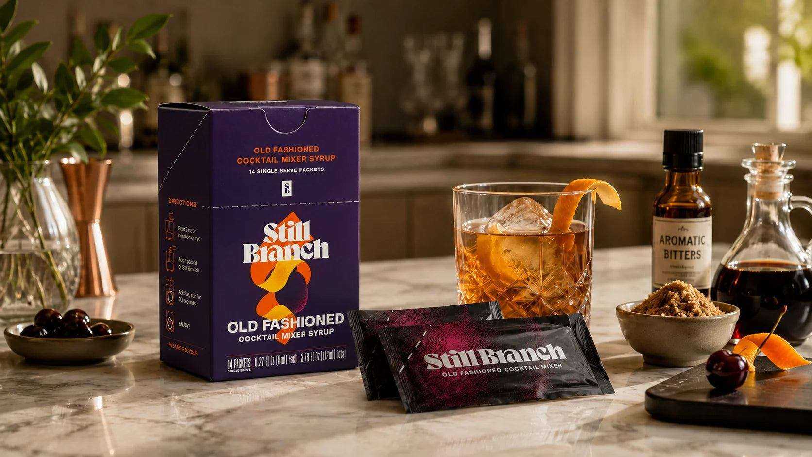 Still Branch Old Fashioned mixer box on a counter