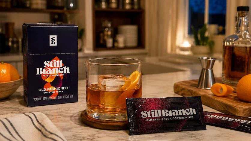 A Still Branch box and packet next to an old-fashioned cocktail with orange on a counter with some additional ingredients to make the weeknight Old Fashioned at home