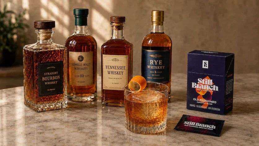 An Old Fashioned with your own whiskey showing a Still Branch mixer box and packet on a counter with four different whiskey bottle types