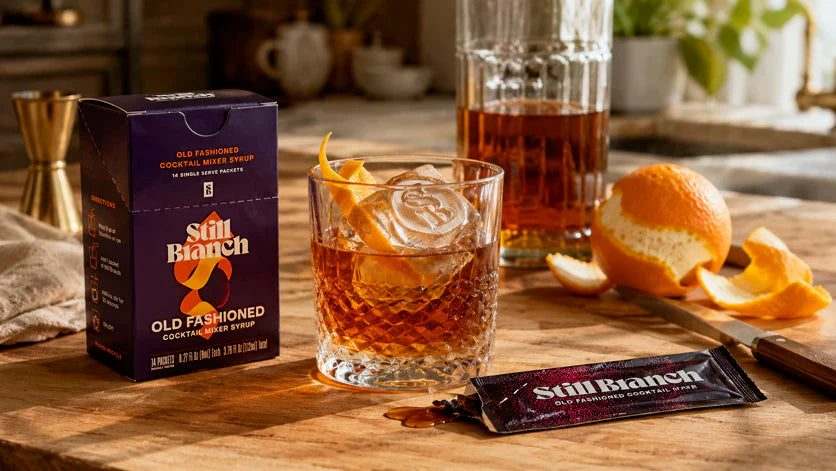 Image showing how to make an Old Fashioned at home using a Still Branch single-serve mixer packet, whiskey, and a glass with an ice cube sitting on a wooden bar counter next to an amber cocktail with an orange peel, with a whole orange and peels nearby. 
