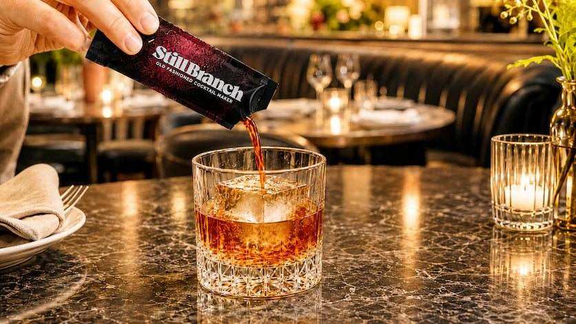 Still Branch travel cocktail packet pouring into an old fashioned cocktail on a restaurant table  
