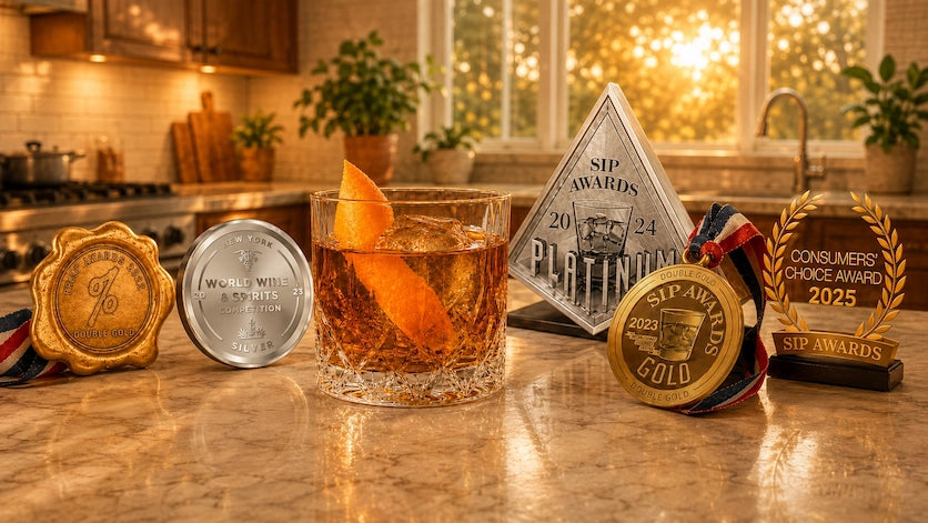Old Fashioned Cocktail surrounded by award medals in a kitchen