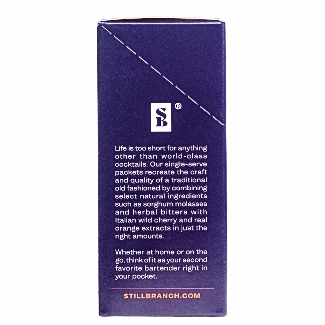 Purple packaging with text and Still Branch logo on a white background