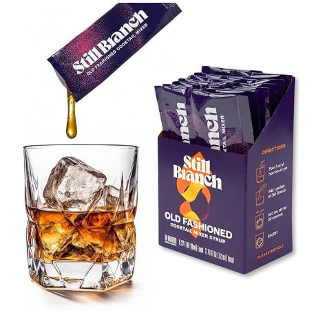 Still Branch Old Fashioned cocktail syrup mixer with cocktail glass on a white background