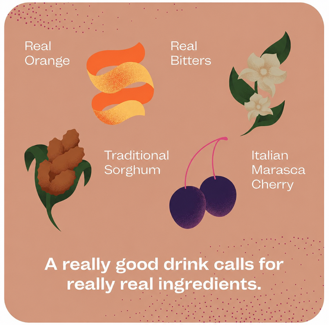Illustrations of Still Branch ingredients, orange, bitters, sorghum, and marasca cherry on a peach background with text about real ingredients.