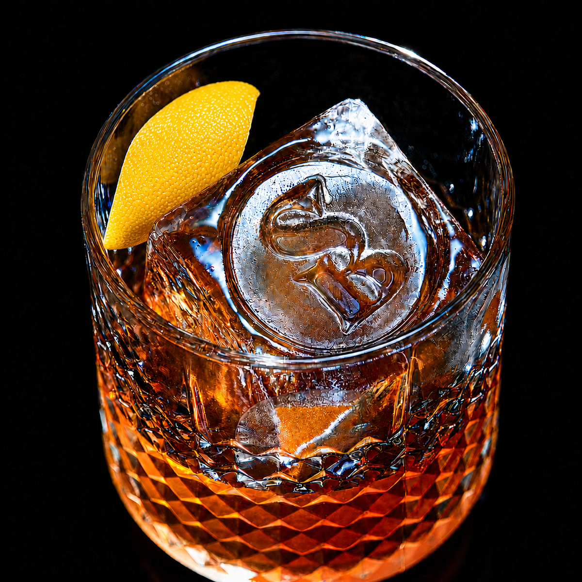 Still Branch Old Fashioned Cocktail in a glass with Lemon Peel and SB Ice