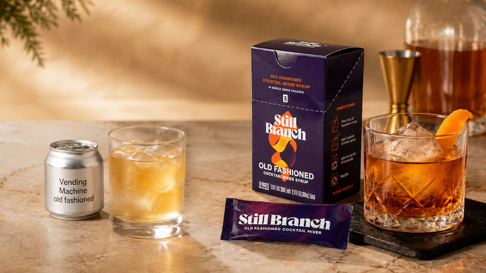 Still Branch Old Fashioned next to a canned cocktail for an Old Fashioned vs canned comparison