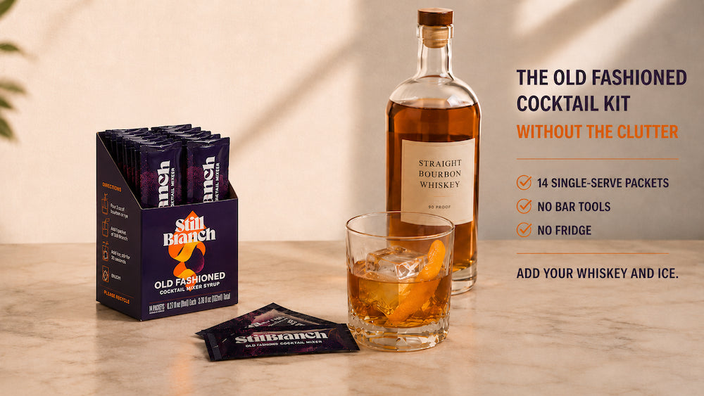 The Old Fashioned cocktail kit without the clutter. 14 single-serve packets, no bar tools, no fridge. Add your whiskey and ice.